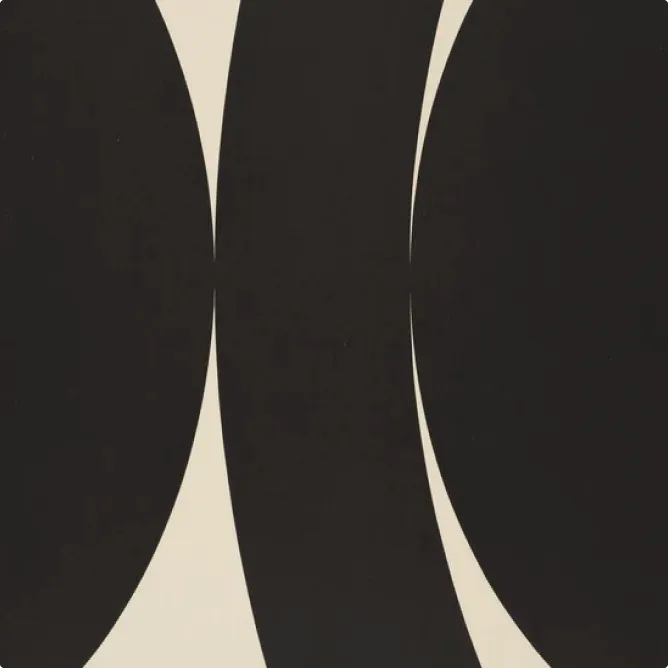 Abstract artwork with large black curved vertical shapes on a cream background, creating a symmetrical pattern of narrow light spaces between the black forms.