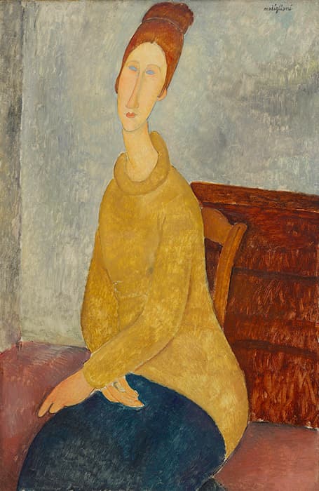 Portrait painting of a woman with elongated features and red hair in a bun, seated on a wooden chair, wearing a mustard yellow sweater and dark blue skirt against a muted interior background.