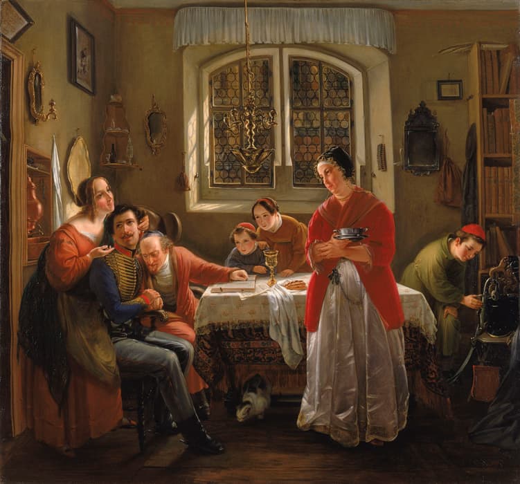 Moritz Daniel Oppenheim (German, 1800–1882), The Return of the Volunteer from the Wars of Liberation to His Family Still Living in Accordance with Old Customs (Die Heimkehr des Freiwilligen aus den Befreiungskriegen zu den nach alter Sitte lebenden Seinen), 1833–34, oil on canvas, 34 x 37 in. (86.4 x 94 cm). The Jewish Museum, New York. Gift of Richard and Beatrice Levy, 1984-61