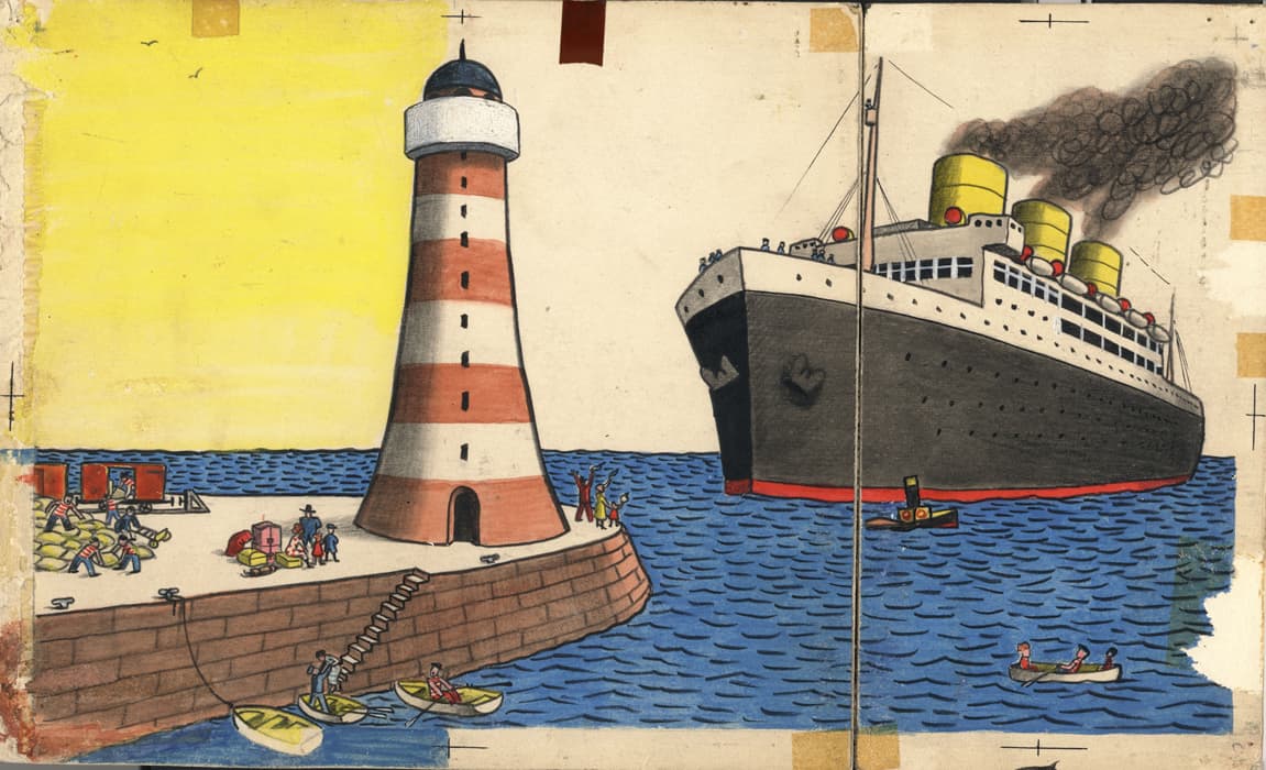 H. A. Rey (American, b. Germany, 1898–1977), Final illustration for How Do you Get There? (1941), Paris, early 1940, watercolor on board, H. A. & Margret Rey Papers, de Grummond Children’s Literature Collection, McCain Library and Archives, The University of Southern Mississippi. Curious George, and related characters, created by Margret and H. A. Rey, are copyrighted and trademarked by Houghton Mifflin Harcourt Publishing Company. © 2010 by HMH