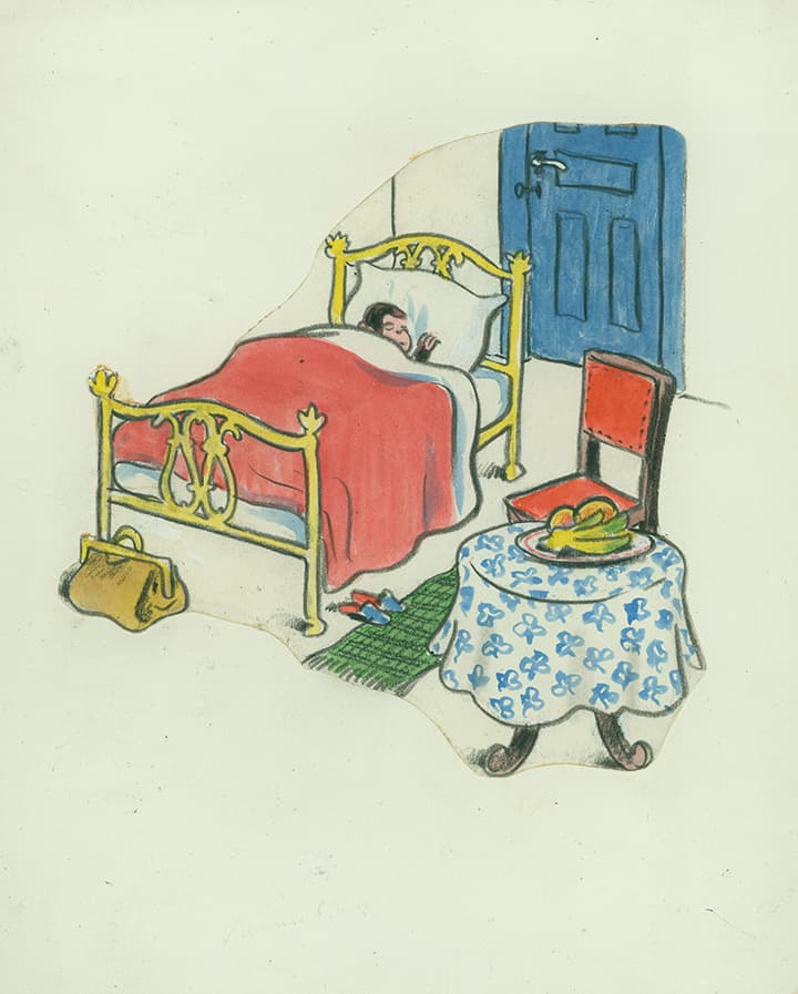 H. A. Rey (American, b. Germany, 1898–1977), final illustration for “He crawled into bed and fell asleep at once,” published in The Original Curious George (1998), France, 1939–40, watercolor, charcoal, and color pencil on paper. H. A. & Margret Rey Papers, de Grummond Children’s Literature Collection, McCain Library and Archives, The University of Southern Mississippi. Curious George, and related characters, created by Margret and H. A. Rey, are copyrighted and trademarked by Houghton Mifflin Harcourt Publishing Company. © 2010 by HMH