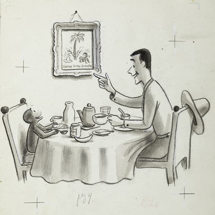 H. A. Rey (American, b. Germany, 1898–1977), black color separation for “At breakfast George’s friend said,” Curious George Rides a Bike (1952), watercolor and charcoal on paper. H. A. & Margret Rey Papers, de Grummond Children’s Literature Collection, McCain Library and Archives, The University of Southern Mississippi. Curious George, and related characters, created by Margret and H. A. Rey, are copyrighted and trademarked by Houghton Mifflin Harcourt Publishing Company. © 2010 by HMH