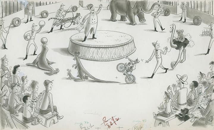 H. A. Rey (American, b. Germany, 1898–1977), black color separation for “Finally the show was on,” Curious George Rides a Bike (1952), watercolor and charcoal on paper. H. A. & Margret Rey Papers, de Grummond Children’s Literature Collection, McCain Library and Archives, The University of Southern Mississippi. Curious George, and related characters, created by Margret and H. A. Rey, are copyrighted and trademarked by Houghton Mifflin Harcourt Publishing Company. © 2010 by HMH