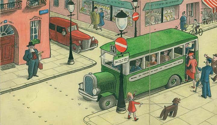 H. A. Rey (American, b. Germany, 1898–1977), final illustration for How Do you Get There? (1941), Paris, early 1940, watercolor on board. H. A. & Margret Rey Papers, de Grummond Children’s Literature Collection, McCain Library and Archives, The University of Southern Mississippi. Curious George, and related characters, created by Margret and H. A. Rey, are copyrighted and trademarked by Houghton Mifflin Harcourt Publishing Company. © 2010 by HMH