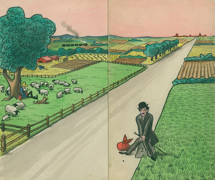 H. A. Rey (American, b. Germany, 1898–1977), final illustration for How Do you Get There? (1941), Paris, early 1940, watercolor on board. H. A. & Margret Rey Papers, de Grummond Children’s Literature Collection, McCain Library and Archives, The University of Southern Mississippi. Curious George, and related characters, created by Margret and H. A. Rey, are copyrighted and trademarked by Houghton Mifflin Harcourt Publishing Company. © 2010 by HMH