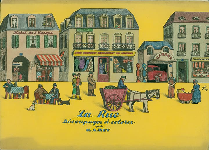 H. A. Rey (American, b. Germany, 1898–1977), cover of dummy for La Rue: Découpages à colorer (unpublished), Paris, c. 1938, pen and ink, color pencil, and crayon on paper. H. A. & Margret Rey Papers, de Grummond Children’s Literature Collection, McCain Library and Archives, The University of Southern Mississippi