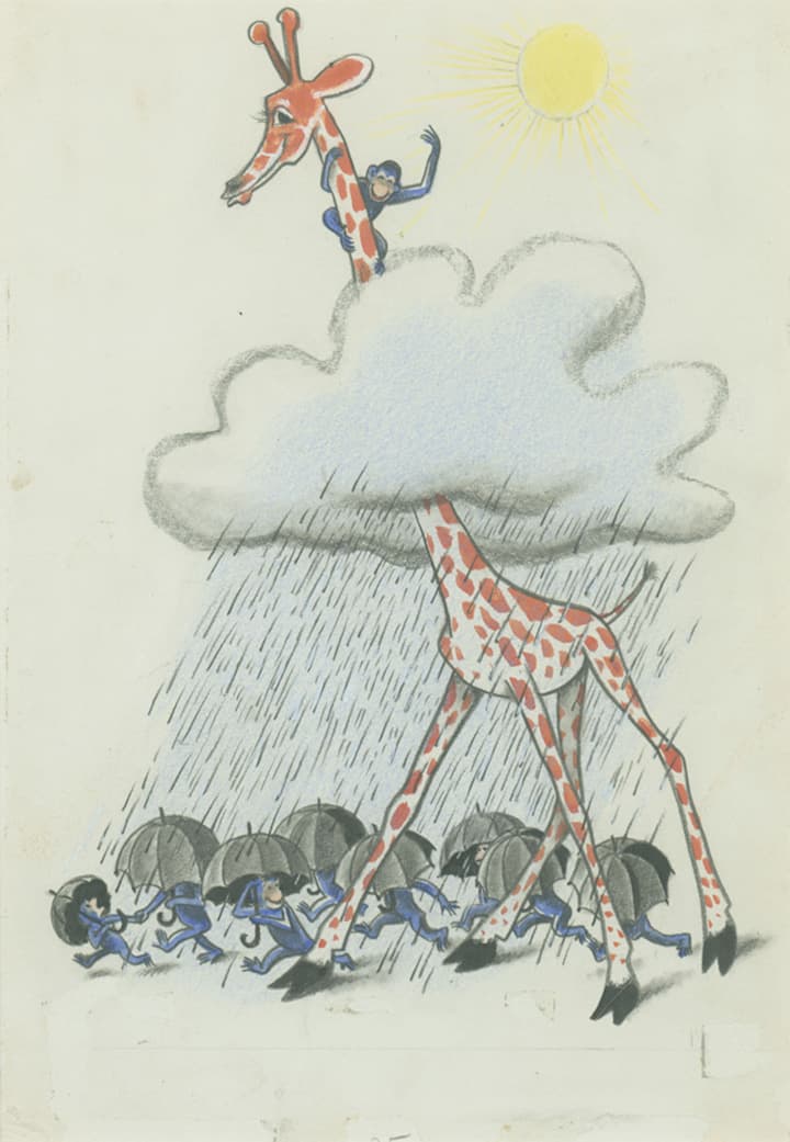 H. A. Rey (American, b. Germany, 1898–1977), final illustration for “George climbed up until he was in the sunshine again, high above the rain cloud,” Raffy and the 9 Monkeys (1939), later published as Cecily G. and the 9 Monkeys (1942), Paris, 1939, watercolor on paper. H. A. & Margret Rey Papers, de Grummond Children’s Literature Collection, McCain Library and Archives, The University of Southern Mississippi. Curious George, and related characters, created by Margret and H. A. Rey, are copyrighted and trademarked by Houghton Mifflin Harcourt Publishing Company. © 2010 by HMH