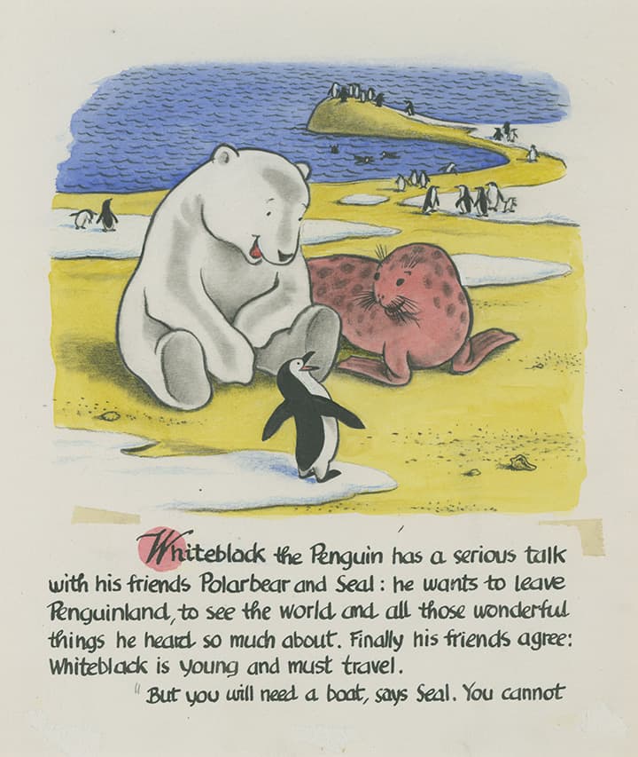 H. A. Rey (American, b. Germany, 1898–1977), final illustration for “Whiteblack the Penguin has a serious talk with his friends . . .,” Whiteblack the Penguin Sees the World (2000), France, late 1939–early 1940, watercolor, color pencil, charcoal, and pen and ink on paper. H. A. & Margret Rey Papers, de Grummond Children’s Literature Collection, McCain Library and Archives, The University of Southern Mississippi. Curious George, and related characters, created by Margret and H. A. Rey, are copyrighted and trademarked by Houghton Mifflin Harcourt Publishing Company. © 2010 by HMH