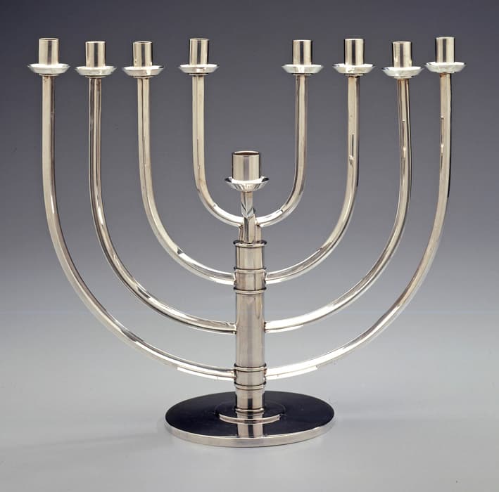 Hanukkah Lamp, David Heinz Gumbel (Israeli, b. Germany 1896–1992), Heilbronn, Germany, early 1930s, silver: hand-worked, 11 9/16 x 13 5/16 x 5 1/4 in. (29.3 x 33.8 x 13.3 cm). The Jewish Museum, New York, Gift of Hannah and Walter Flegenheimer, 2002-9a-g MALKA COHAVI & STUDIO D.H.GUMBEL, THE SOLE OWNER OF THE COPYRIGHTS