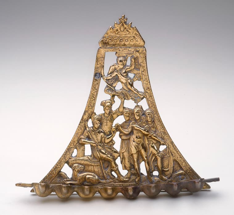 Hanukkah Lamp, Italy, 18th-19th century (?), copper alloy: cast after lost-wax original, 8 3/4 x 9 1/2 x 2 15/16 in. (22.2 x 24.1 x 7.5 cm). The Jewish Museum, New York. Gift of Dr. Harry G. Friedman, F 5388