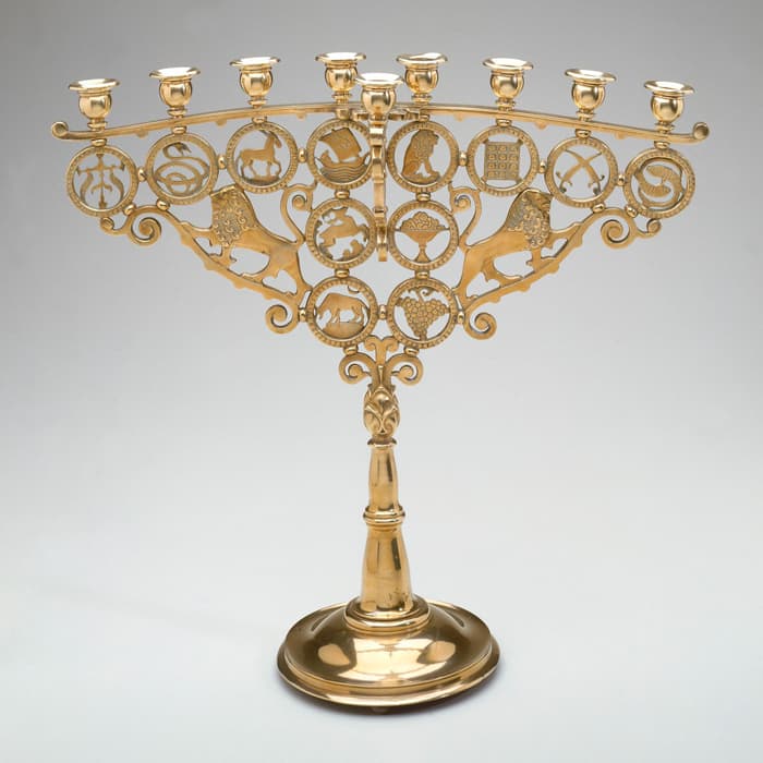 Hanukkah Lamp, Arnold Zadikow (German, 1884–1943), probably Munich (Germany), 1920s, copper alloy: cast and traced, 18 1/16 x 19 3/16 x 7 in. (45.9 x 48.8 x 17.8 cm). The Jewish Museum, New York. Gift of Dr. Harry G. Friedman, F 122