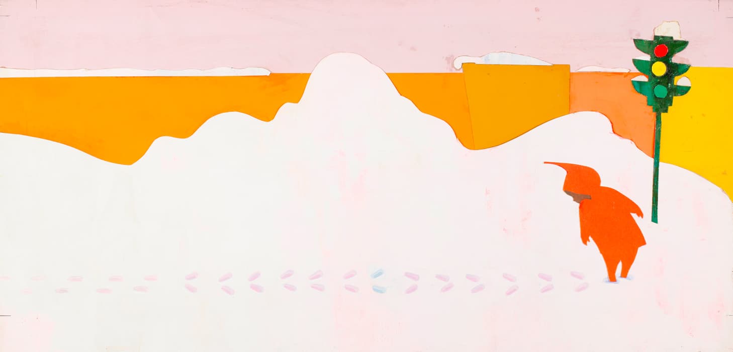 Ezra Jack Keats (American, 1916 – 1983), “Crunch, crunch, crunch, his feet sank into the snow,” final illustration for The Snowy Day, 1962, collage and paint on board, 9 x 20 in. (22.9 x 50.8 cm). Ezra Jack Keats Papers, de Grummond Children’s Literature Collection, McCain Library and Archives, The University of Southern Mississippi © Ezra Jack Keats Foundation. Image courtesy of the Ezra Jack Keats Foundation.