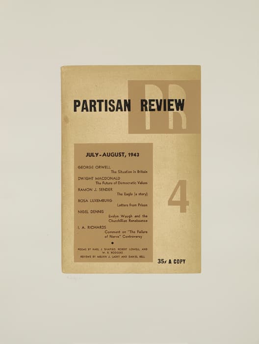 R. B. Kitaj, Partisan Review, from In Our Time: Covers for a Small Library After the Life for the Most Part, 1969, screenprint on paper, 30 1/4 x 22 7/16 in. (76.8 x 57 cm). Printed by Kelpra Studio, London, published by Marlborough AG, Schellenberg, Florida. The Jewish Museum, NY, Gift of the R. B. Kitaj Estate. © R. B. Kitaj Estate.