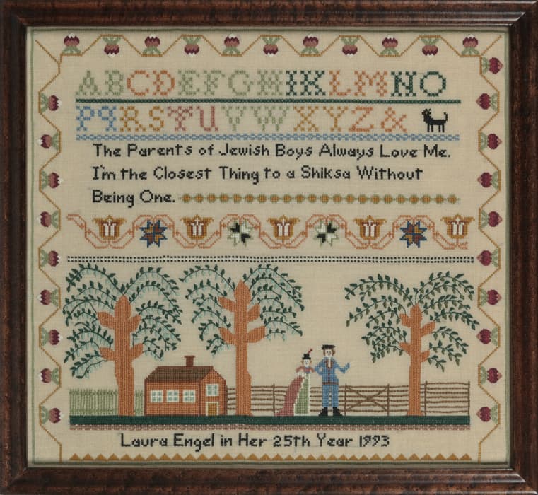 Elaine Reichek (American, b. 1943), Sampler (Laura Engel), from A Postcolonial Kinderhood, 1993, embroidery on linen, 18 5/8 x 20 1/2 in. (47.3 x 52.1 cm), the Jewish Museum, New York. Purchase: Melva Bucksbaum, Mr. and Mrs. Nathan Shafran, and Joan Kaplan Gifts; Fine Arts Acquisitions Committee Fund; and Agnes Gund and Daniel Shapiro, Cheryl and Henry Welt, Paula Krulak, Toby Devan Lewis, and Henry Buhl Gifts, 1997-195i. Photo by Richard Goodbody, Inc