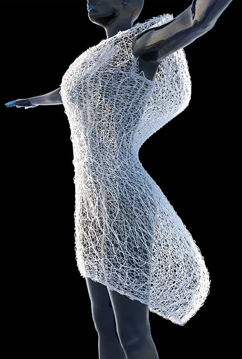 Rendering of 3D-printed dress for MER KA BA, made in collaboration with Bradley Rothenberg, 2013. © threeASFOUR.