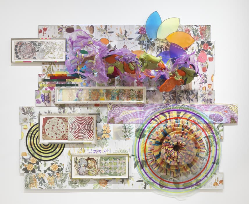 A vibrant, mixed-media wall installation combining layered floral illustrations, circular patterns, and three-dimensional sculptural elements. The background features panels decorated with botanical drawings. Multiple framed sections contain abstract prints with spirals, concentric circles, and intricate designs. A large circular element with radiating rainbow-colored layers occupies the lower right. Above it, a dynamic cluster of translucent, crumpled, and brightly colored plastic-like materials emerges, adding depth and movement. The composition is energetic, colorful, and highly detailed, blending natural imagery with abstract forms.