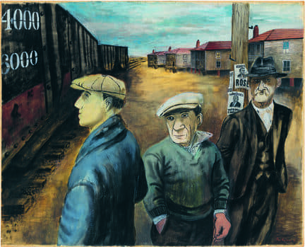 Painting of three men standing near a train yard, with boxcars on one side and rows of houses on the other, set under a cloudy sky; one man leans against a pole with posters behind him.