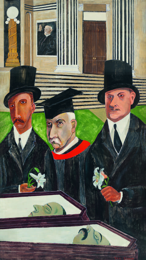 Painting of three solemn men in formal attire, two wearing top hats and one in academic robes, standing beside two open coffins with sculpted heads, in front of a building with columns and portraits.