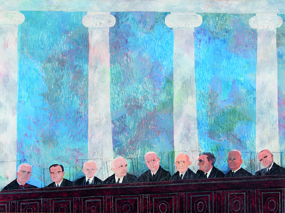Painting of nine Supreme Court justices seated behind a dark wooden bench, set against a textured blue and purple background with tall white columns.