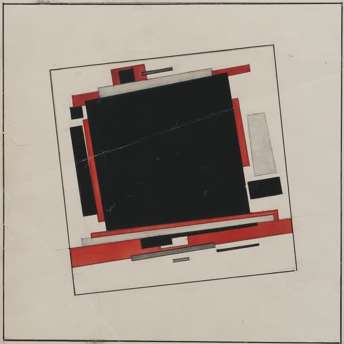 Abstract Suprematist composition featuring a large tilted black square surrounded by intersecting red, gray, and black rectangles on a cream background, all enclosed within a thin black frame.