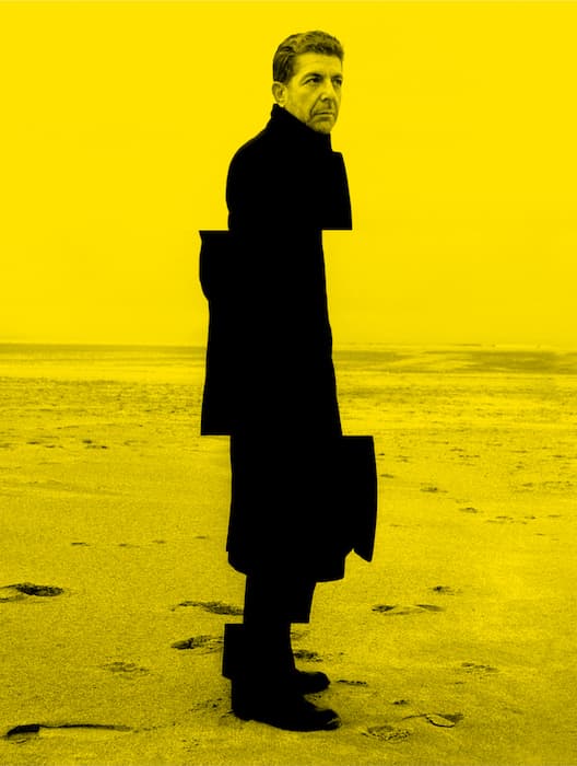 Stylized image of a man in a long black coat standing on a beach, with a fragmented silhouette effect and a bold yellow overlay.