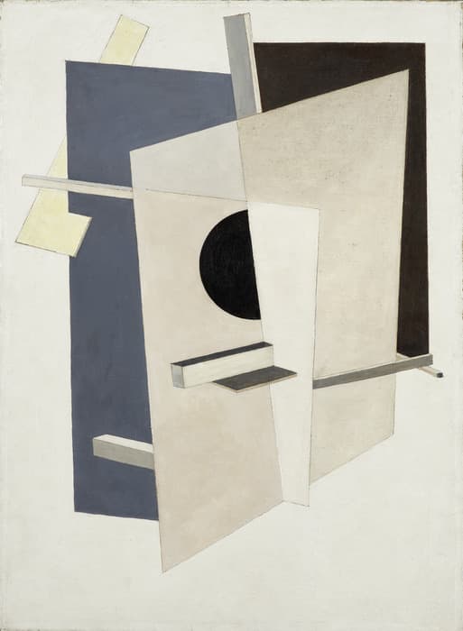 Abstract geometric composition featuring intersecting planes in neutral tones with a black circle and angular rods, creating a sense of depth and spatial tension.