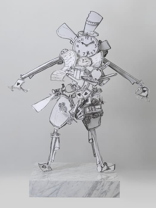 Metallic sculpture of a standing figure composed of flat, cutout shapes outlined in black, incorporating clocks, playing cards, hearts, and other objects, mounted on a white marble base.