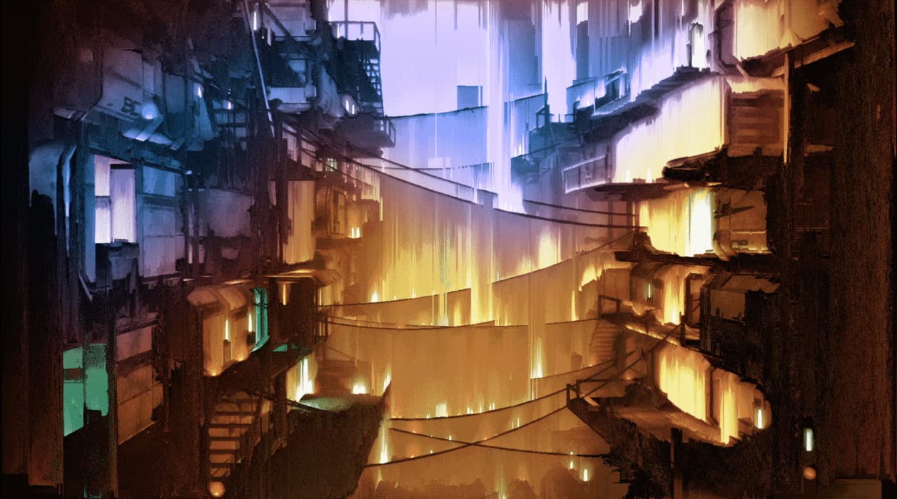 Futuristic city alley glowing with warm orange and cool blue lights, surrounded by towering buildings and crisscrossed by cables.