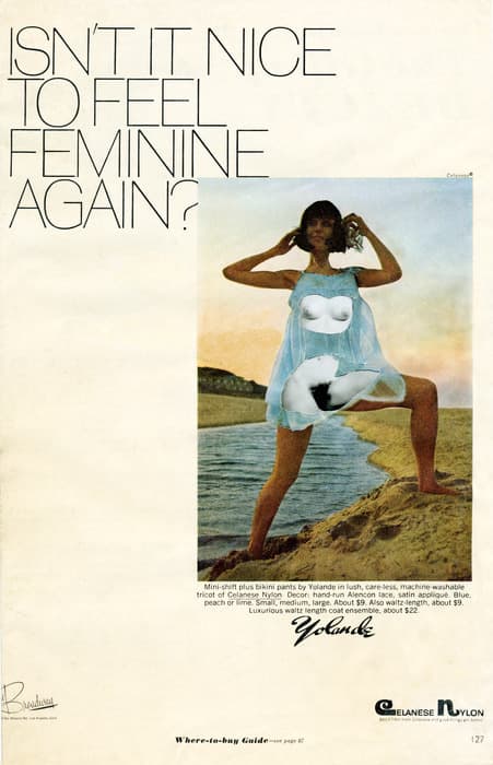 Collaged fashion advertisement featuring a woman posing at the beach in a blue outfit, overlaid with a surreal image of another nude female form replacing her midsection, juxtaposed with the bold headline: 