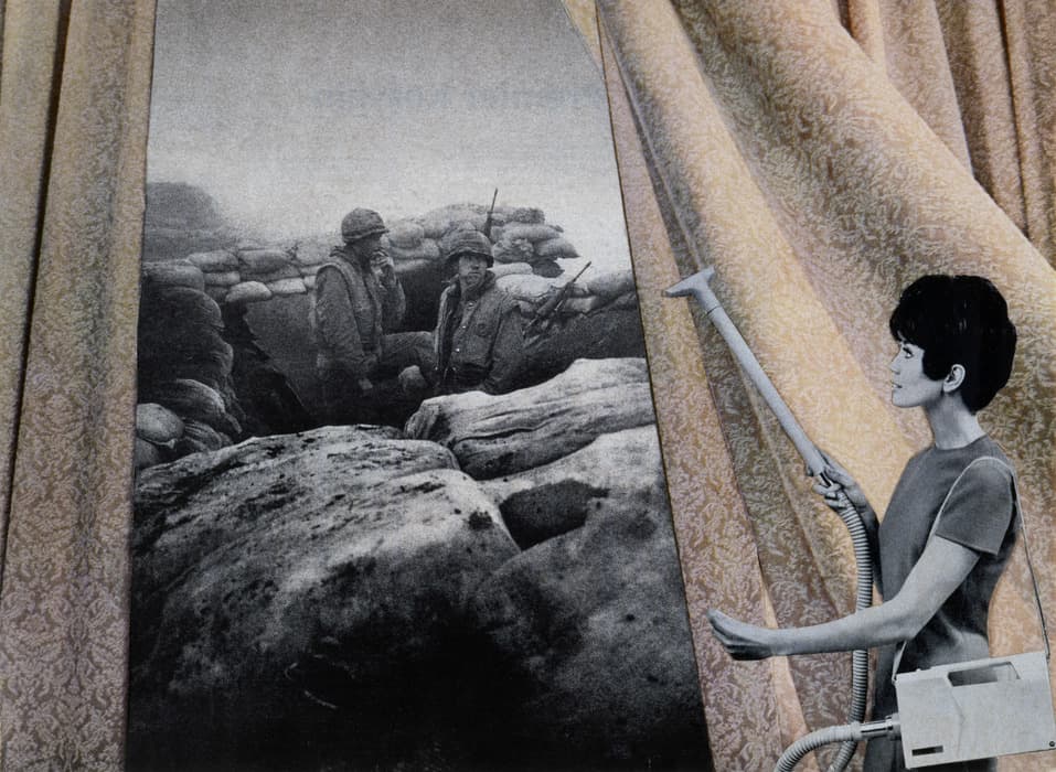 Surreal collage featuring a woman in a dress using a vacuum cleaner to pull back patterned curtains, revealing a black-and-white wartime trench scene with soldiers, contrasting domesticity with the harsh reality of war.