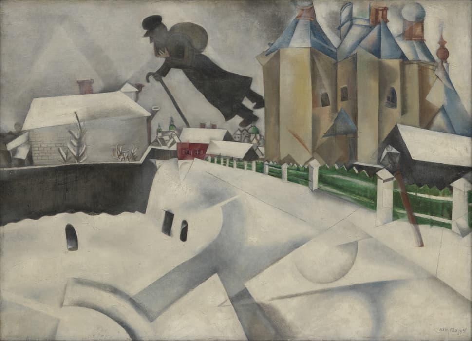 A Cubist-inspired winter village scene by Marc Chagall, featuring snow-covered rooftops, angular buildings, and a large dark silhouette of a man flying over the town carrying a scythe and sack.