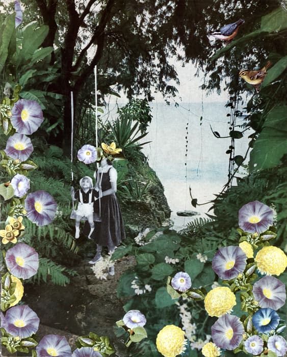 A surreal collage of a black-and-white mother and child in a vibrant jungle; the child swings while surrounded by oversized flowers, lush greenery, and birds, with the mother’s and child’s heads replaced by blossoms.