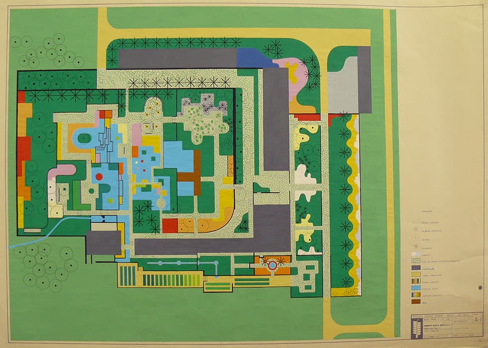 Roberto Burle Marx, design for the garden of the Clemente Gomes residence, Fazenda Vargem Grande, Areias, 1979. Gouache on paper, 31 ⅛ x 43 ½ in. (79.1 x 110.5 cm). Burle Marx & Cia. Ltda., Rio de Janeiro. © Burle Marx Landscape Studio, Rio de Janeiro. Reproduced with permission. All rights reserved.