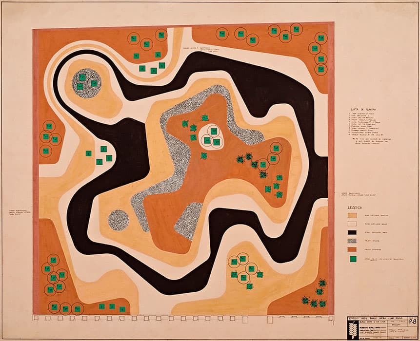 Roberto Burle Marx, design for a mineral roof garden, Banco Safra headquarters, São Paulo, 1983. Gouache on paper, 31 ¾ x 39 ¼ in. (80.6 x 99.7 cm). Burle Marx & Cia. Ltda., Rio de Janeiro. © Burle Marx Landscape Studio, Rio de Janeiro. Reproduced with permission. All rights reserved. Photograph by Cesar Barreto.