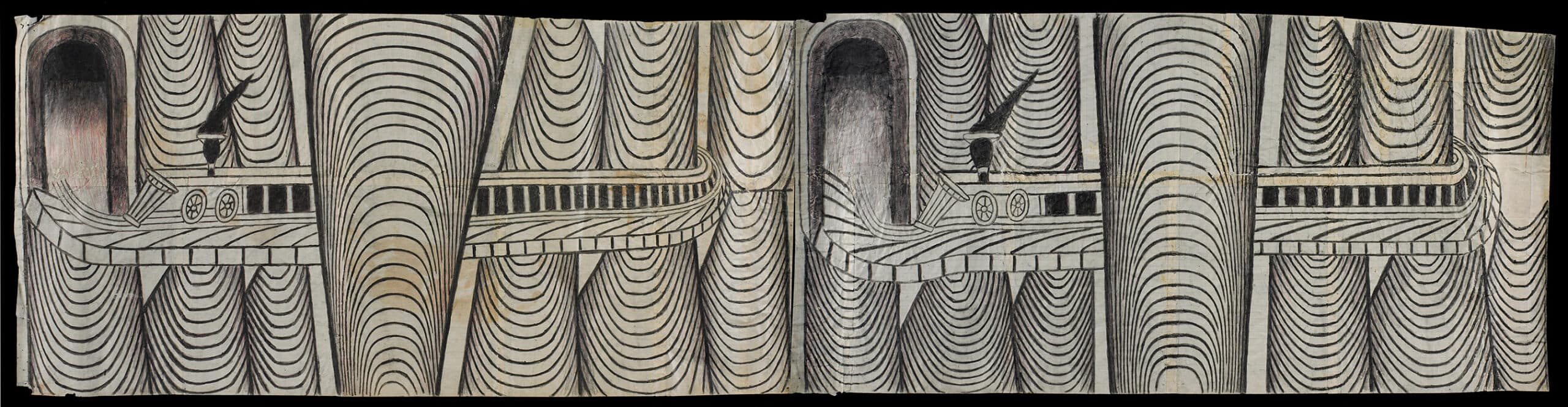 U SAINT-SIMON, RAILROADS 

Martín Ramírez, Untitled (Trains and Tunnels), A, B, 1960–63
Gouache, graphite on pieced paper
Collection of John and Barbara Wilkerson

In the nineteenth century railroads were harbingers of modernity, bringing profound change to rural and urban places alike. Railroads reached Martín Ramírez’s home in rural western Mexico eight years before his birth; as a young man he left his home in Mexico to work on railroads in the United States. Trains became a frequent subject in his drawings, weighted with cultural as well as personal significance.

In Convolute U, Benjamin pairs railroads with the name of the eighteenth-century economist Henri de Saint-Simon. Saint-Simon envisioned the restructuring of society to maximize economic productivity and scientific advancement. Railroads, the machines of the new age, were the first true global network and a powerful subject for that form of productivity called art.
