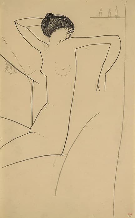 Minimalist line drawing of a nude woman reclining with one arm bent behind her head and the other resting on her hip, rendered in black on a beige background.
