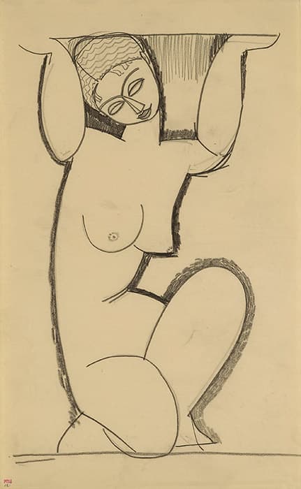 Charcoal drawing of a stylized nude female figure kneeling with arms raised, supporting a rectangular block on her shoulders.