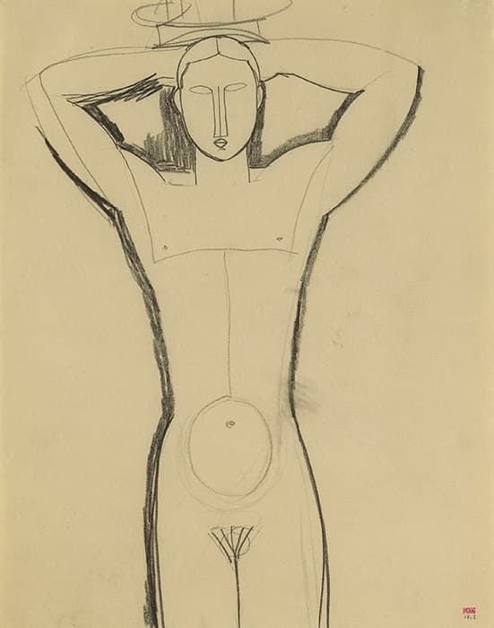 Minimalist charcoal drawing of a standing nude figure with arms raised behind the head, stylized facial features, and geometric emphasis on the torso and pelvis.