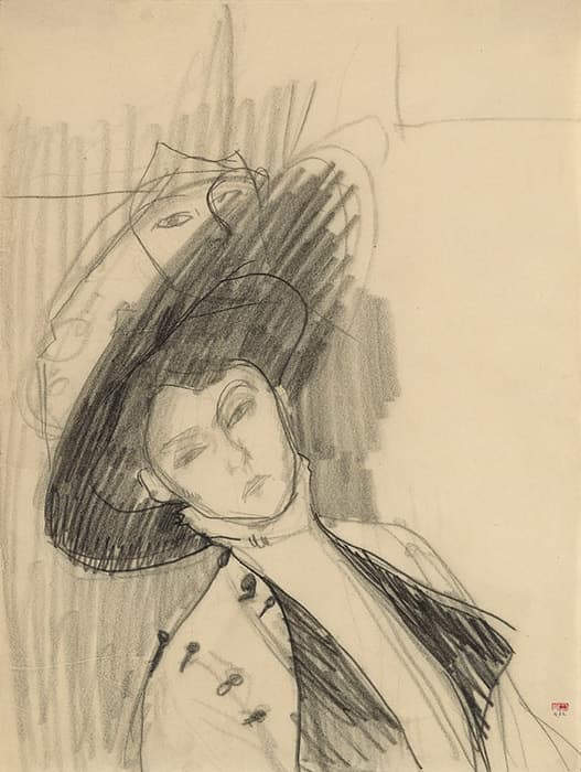 Pencil sketch of a woman in a wide-brimmed hat and detailed jacket, with her head tilted and eyes half-closed in a contemplative pose.