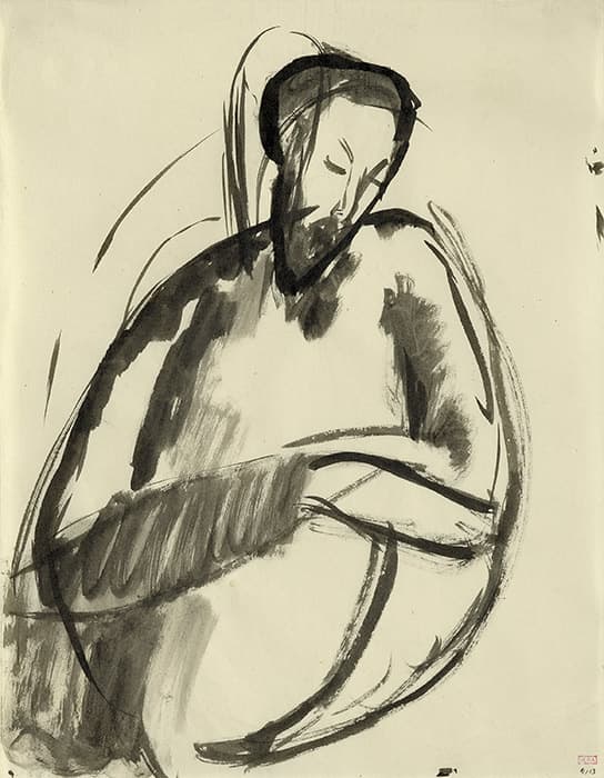 Expressive black ink drawing of a seated man with a beard, head tilted downward and eyes closed, created with loose, gestural brushstrokes.