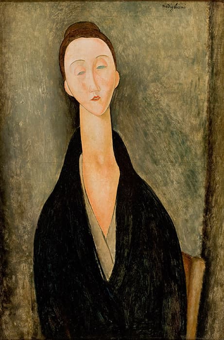 Portrait painting of a woman with a long neck and closed eyes, wearing a dark robe over a light blouse, seated against a textured, muted green and brown background.