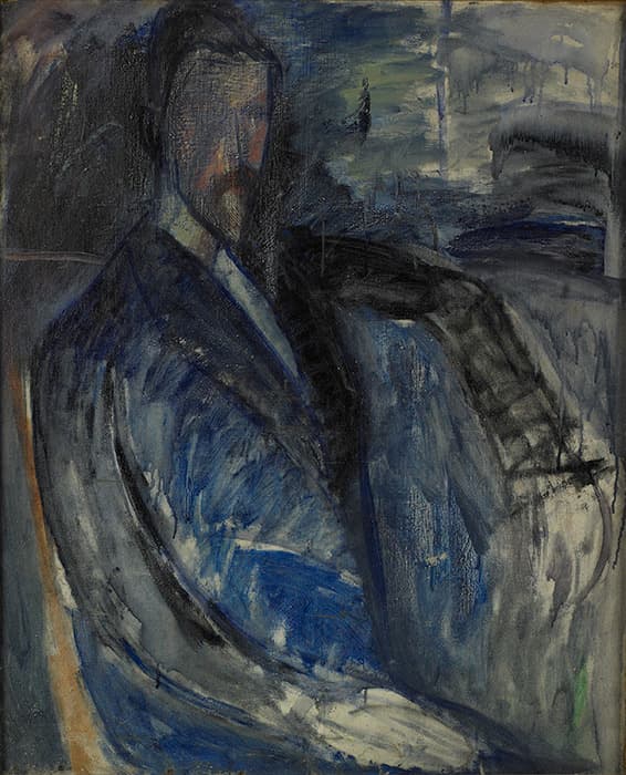 Abstract portrait of a seated man in a blue-toned suit, with indistinct facial features and a dark, moody background of swirling brushstrokes.
