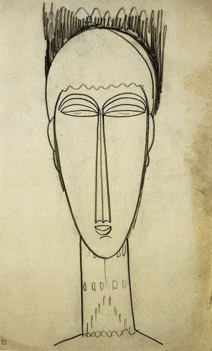Stylized line drawing of a long-faced figure with elongated features, including narrow eyes, a vertical nose, and a tall neck, rendered in black on a beige background.