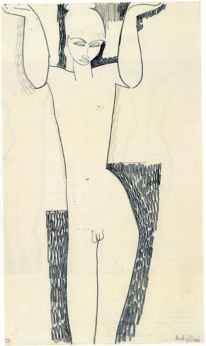 Line drawing of a nude male figure standing with arms raised, stylized features and textured background areas.