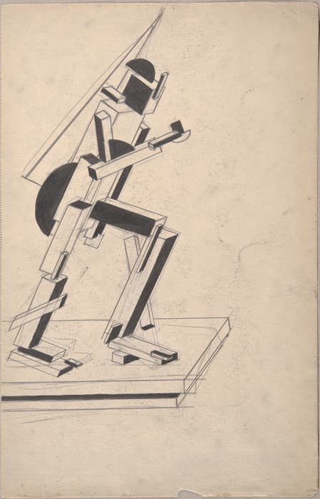 Geometric sketch of a dynamic, abstract figure composed of angular blocks and lines, posed in mid-stride on a platform, resembling a Constructivist or Cubist sculpture study.