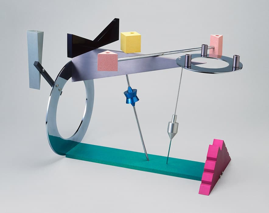 Peter Shire, Hanukkah Lamp, Menorah # 7, 1986. Steel: painted; aluminum: anodized; chromium. The Jewish Museum, New York. Purchase: Judaica Acquisitions Endowment Fund, 1989-20