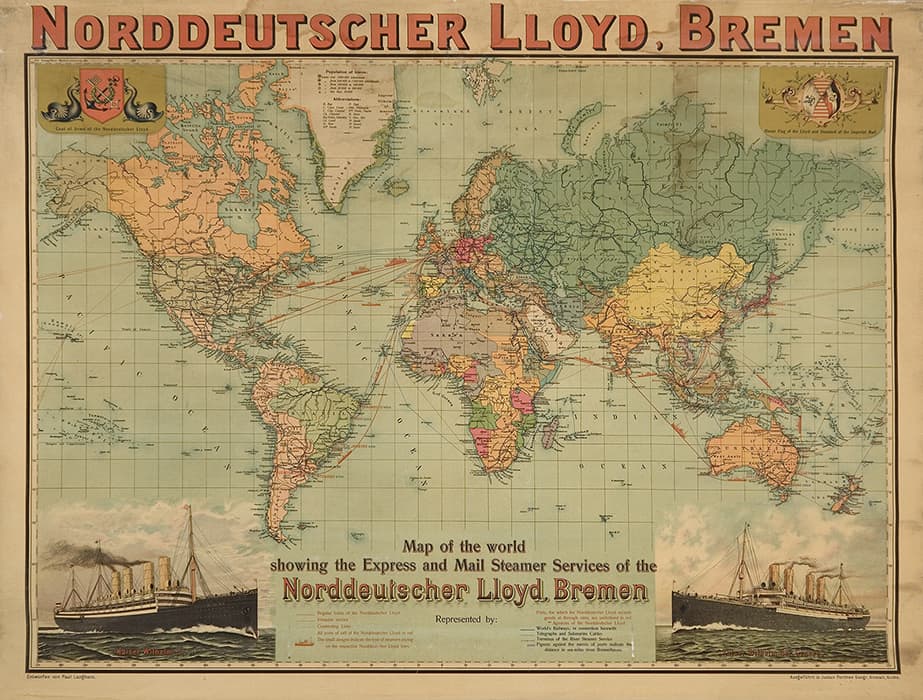 The express and mail steamer service of the Norddeutscher Lloyd company, c. 1910, color lithograph. Image provided by Swann Auction Galleries, New York.