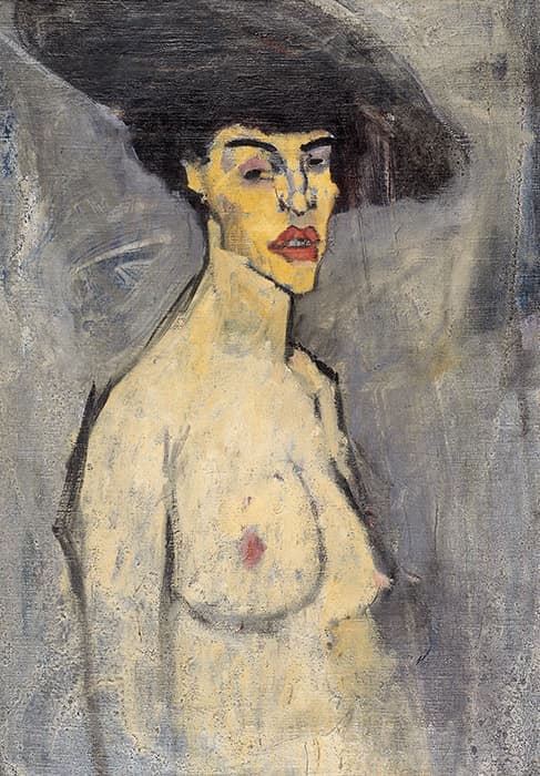 Expressionist painting of a topless woman with angular features, vivid red lips, and a large dark hat, set against a textured, muted gray background.