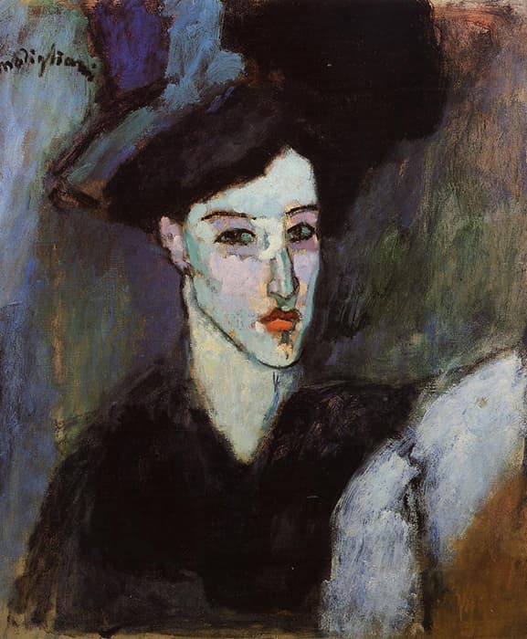 Portrait painting of a woman with pale blue-toned skin, red lips, and a dark dress and hat, set against a moody, abstract background in greens, blues, and purples.