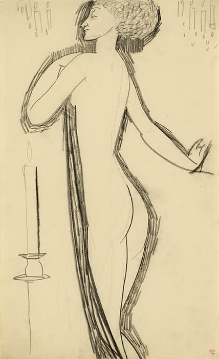 Sketch of a nude woman in profile with curly hair, holding a long draped fabric, beside a tall candle on a stand, drawn in expressive black lines.